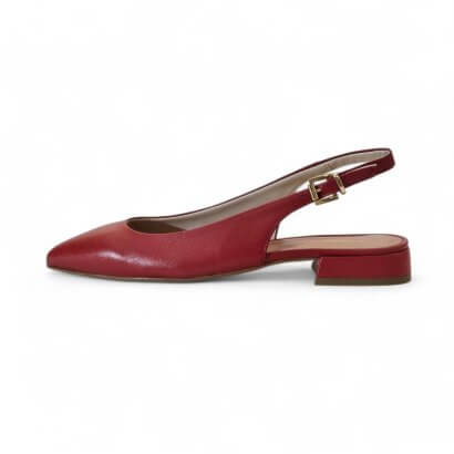 Red leather slingback pump with a gold buckle and low block heel for women.