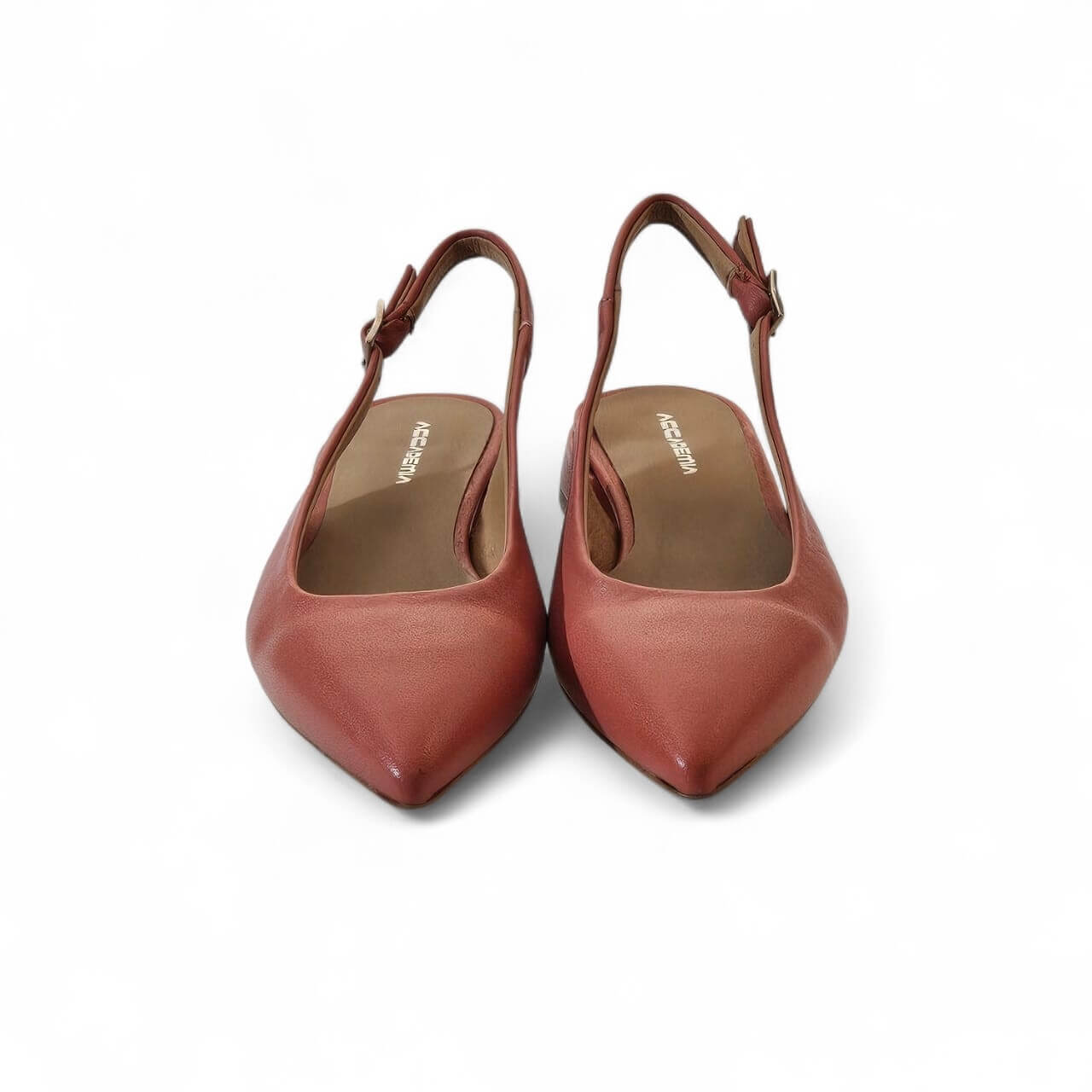Pair of red-brown pointed-toe slingback sandals facing forward on a white background, showing ankle straps.