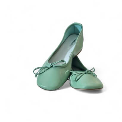 Mint green ballet flats with tied bows, photographed against a white background (pair shown).