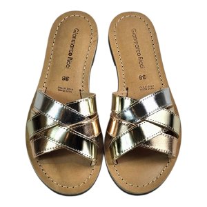 Pair of metallic gold sandals with crisscross straps, viewed from above on a white background, showing the top of the footbed and stitching.