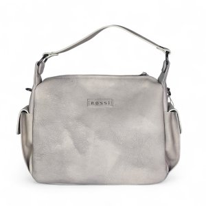 Light gray leather handbag with a top handle and a stitched RO SSI logo plate on the front.