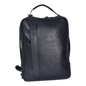 Front view of a dark navy leather backpack with a top handle and a vertical strap embossed with the brand Rossi.