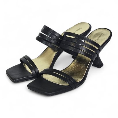 Black strappy heeled sandals with a gold metallic insole and square-toe design.
