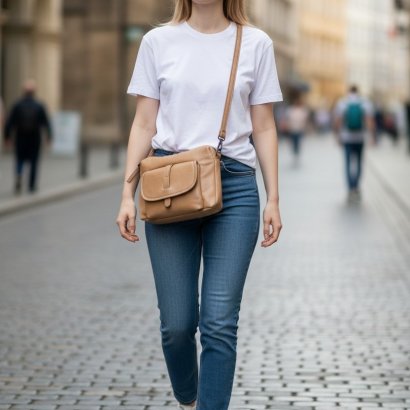 Young woman walking on a cobblestone street wearing a white t-shirt, blue jeans, white sneakers, and a tan crossbody bag.