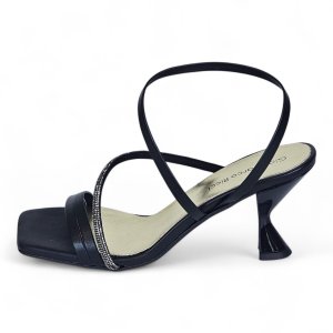 Black strappy high-heeled sandal with a rhinestone-embellished strap and square toe.