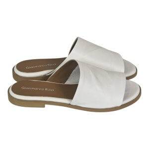 White leather slide sandals with a wide strap and brown branded insoles (Giannmarco Ricci) visible on the footbed.