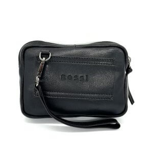 Black leather Rossi crossbody bag with front zip pocket and detachable strap