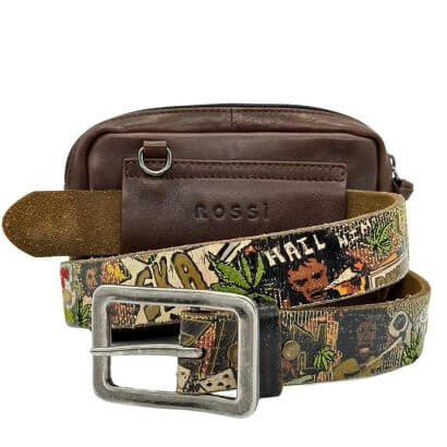 Brown leather belt with a large silver buckle and a small attached zippered pouch on top; features a colorful camo graphic strap and Rossi branding on the pouch.