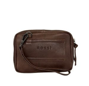 Brown leather Rossi crossbody bag with zip closure and detachable strap on a white background.