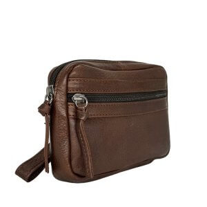 Brown leather crossbody bag with two zippered compartments and an adjustable strap