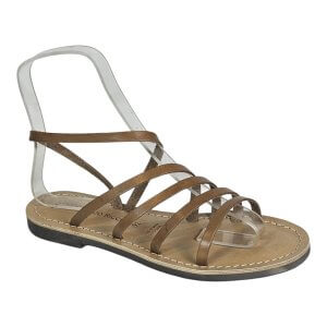 Brown strappy sandal with a clear back strap and flat beige sole.