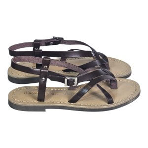 Brown leather strappy sandals with buckle on a beige sole (open-toe, flat sandal)