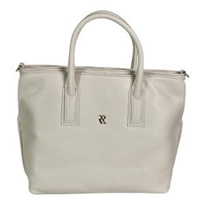 Beige pebbled leather handbag with two top handles and a small gold-toned 'R' logo on the front.
