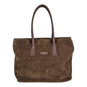 Brown suede tote bag with dark brown leather handles and a small brand plaque on the front.