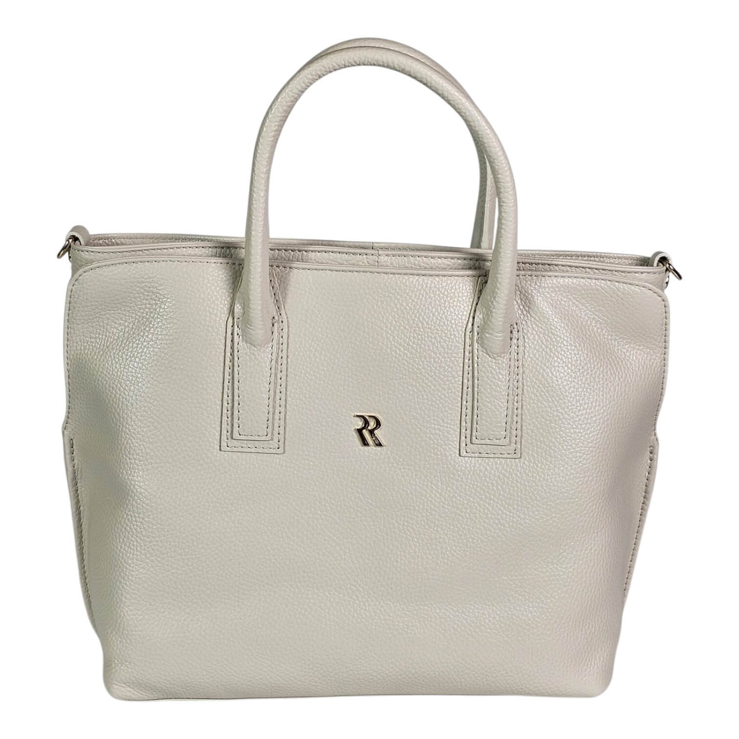 Beige pebbled leather handbag with two top handles and a small gold-toned 'R' logo on the front.