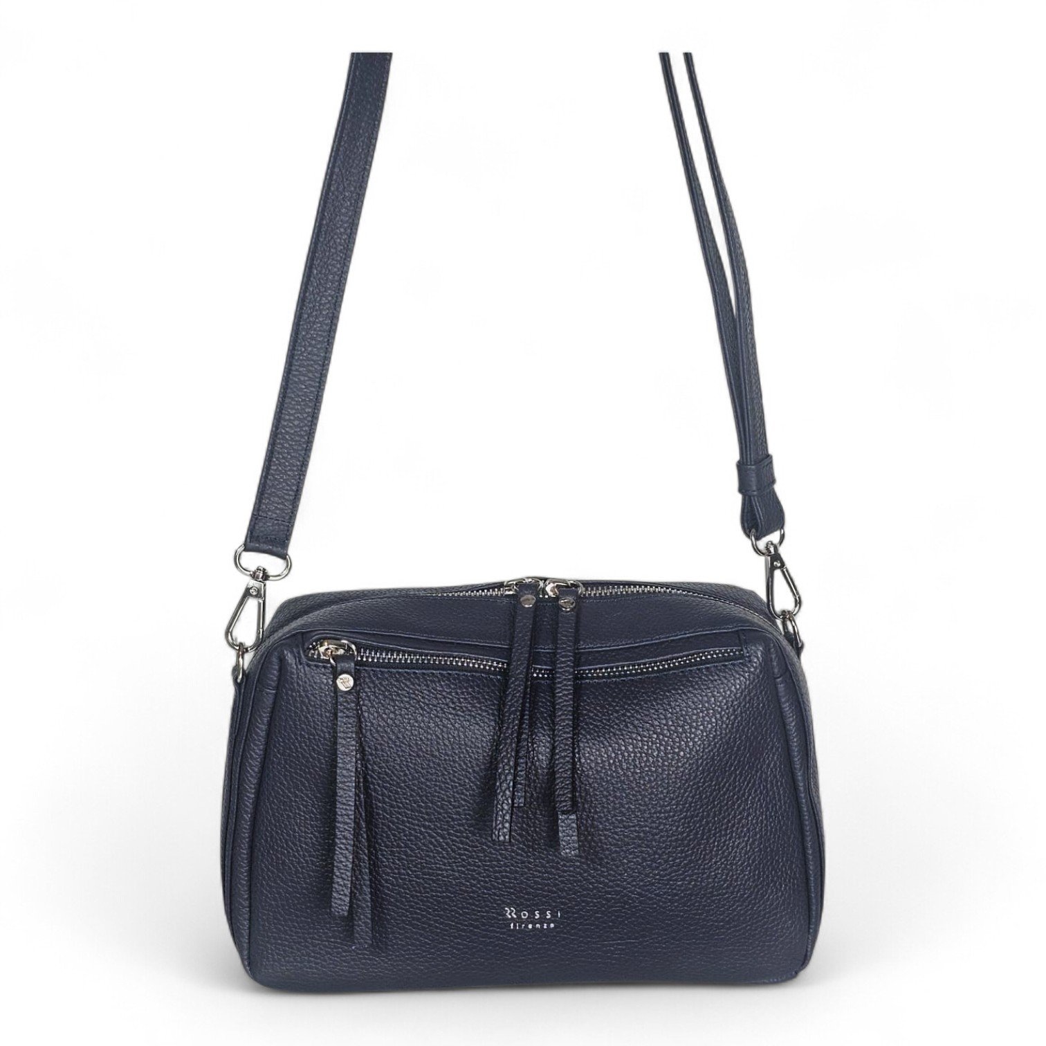 Dark blue pebbled leather crossbody bag with multiple zip pockets and an adjustable shoulder strap; brand logo reads Rossi Firenze on the front.